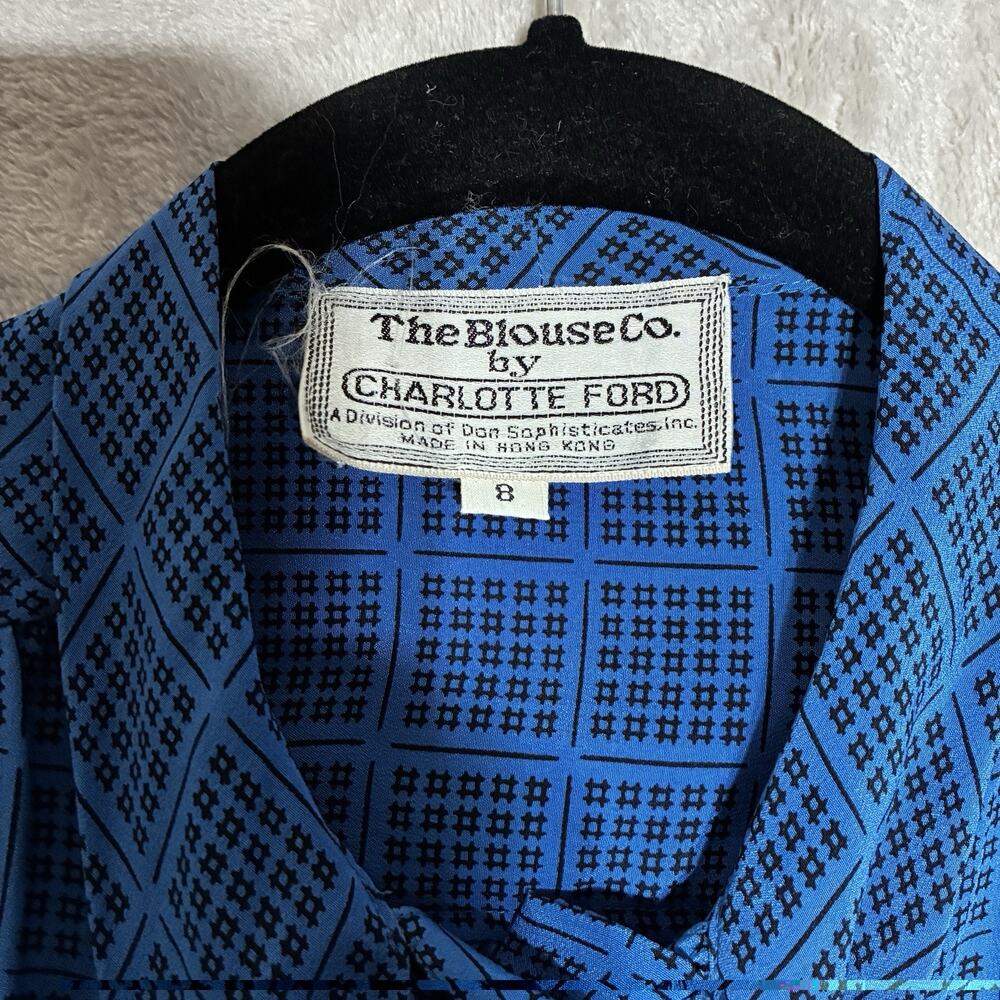 Vintage The Blouse Co. by Charlotte Ford Blue/Black Geometric Tie-Neck Blouse 8 - Picture 10 of 10